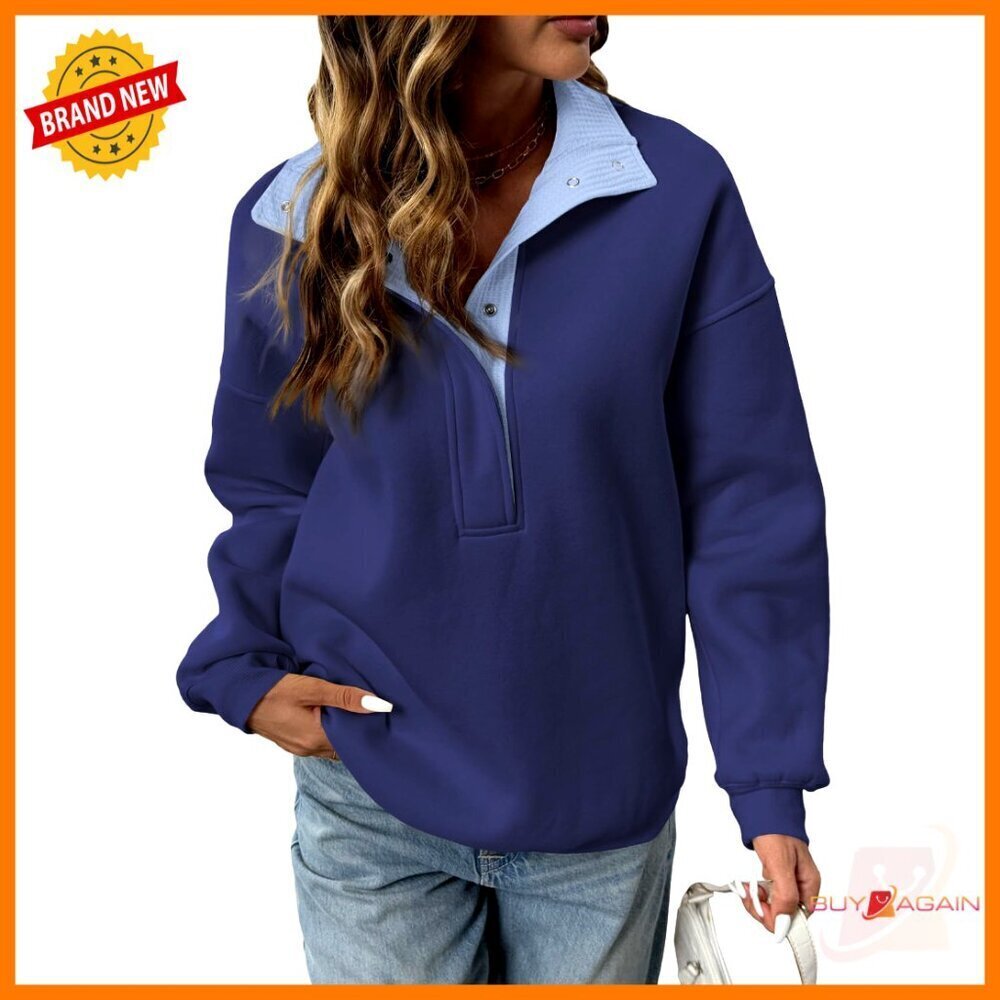 Oversized Mock Neck Sweatshirt Quarter Button Pullover Long Sleeve Casual Tops